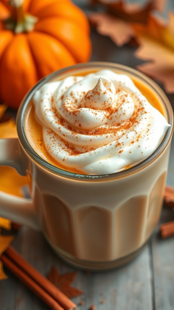 Homemade Pumpkin Spice Latte Recipe A cozy pumpkin spice latte with whipped cream and cinnamon, surrounded by autumn decor.